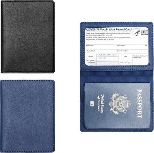 2 Pack Passport and Vaccine Card Holder PU Leather Passport Wallet Vaccine Case Protector Slot Travel Passport Wallet for Women & Men (D-Black&Blue)