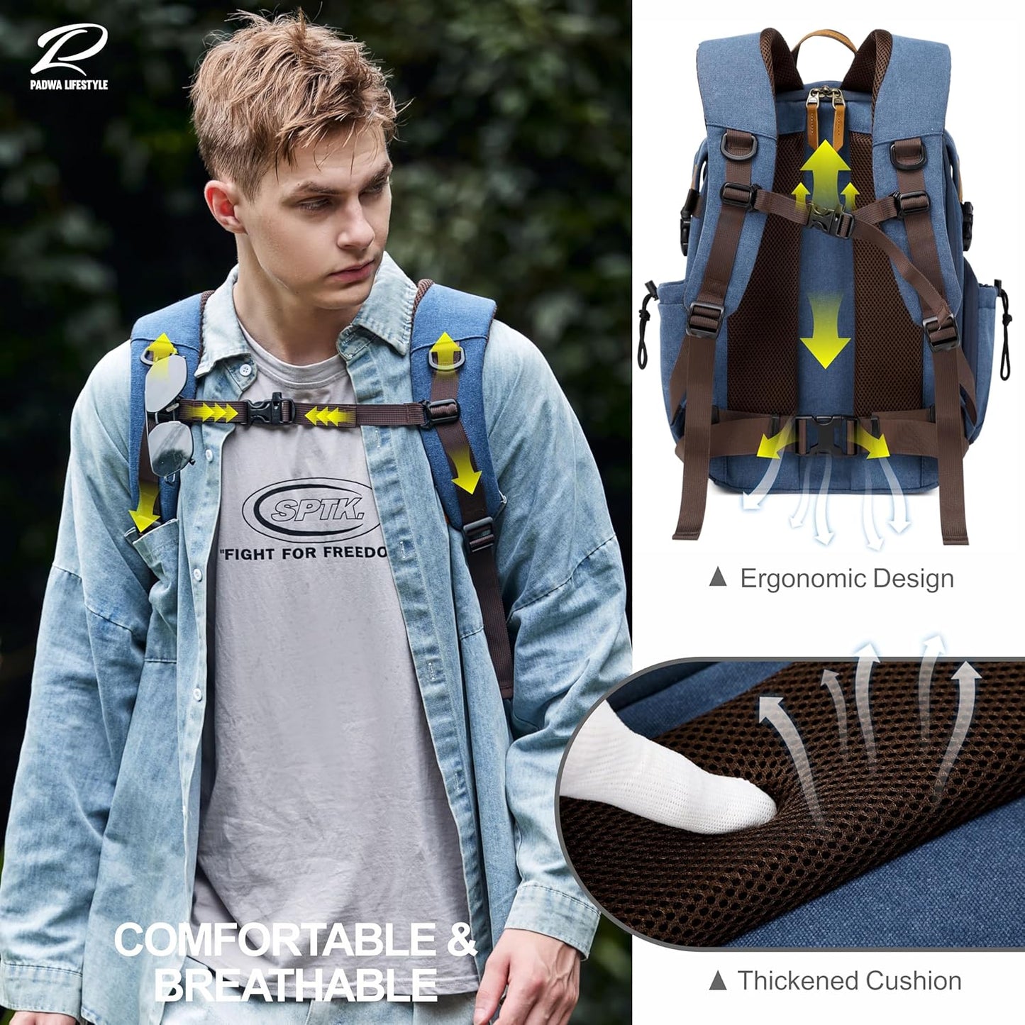 Padwa Lifestyle Blue Camera Backpack - Professional DSLR & UAV Camera Bag,Anti Theft Canvas Camera Backpack with Rain Cover,Large Capacity Photography Travel Camera Bag with Multi Compartments