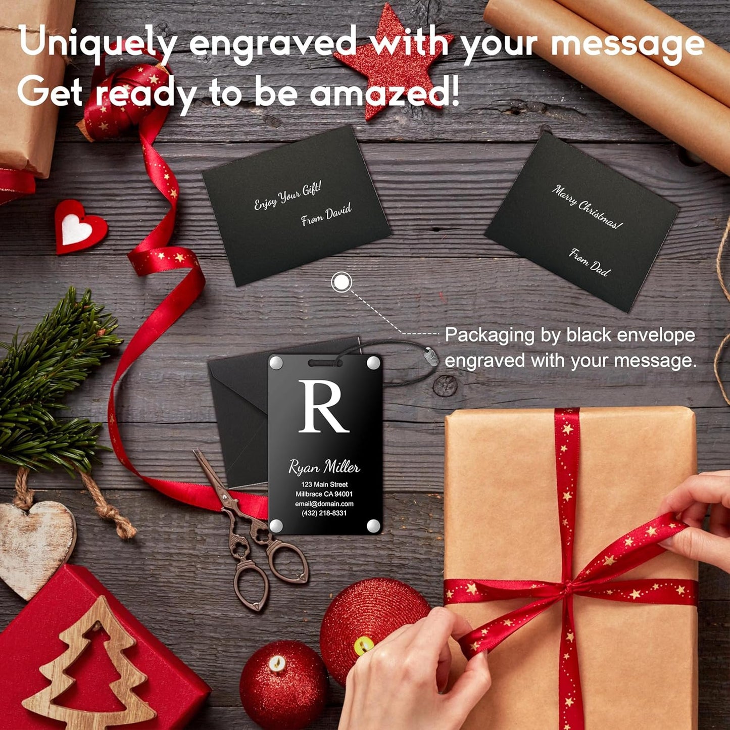 Personalized Luggage Tags: Custom Metal Luggage Tags for Suitcases, Backpacks and Bags with Your Personalized Text (Black)