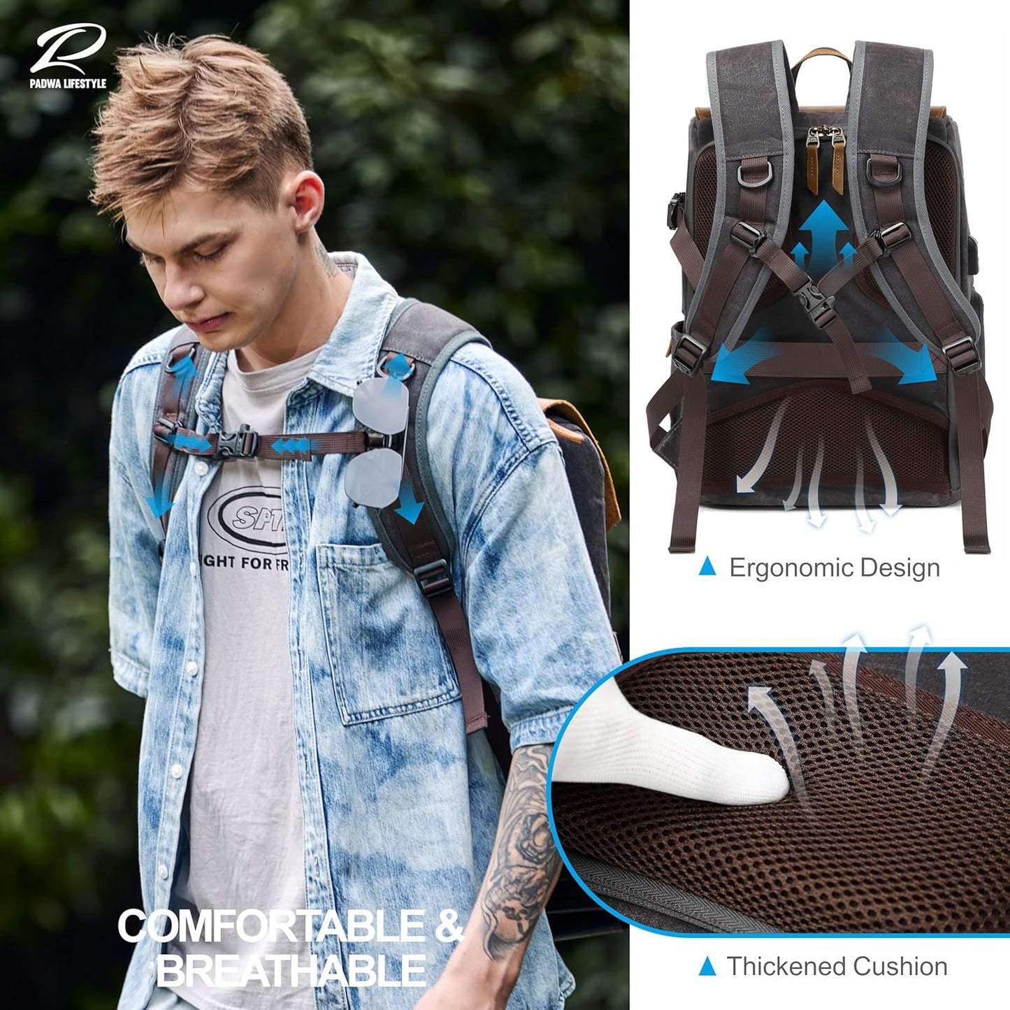 Padwa Lifestyle Black Gray Camera Backpack - Weather Resistant Waxed Memory Canvas Camera Backpacks for Photographers,Multi DSLR SLR Camera Bag with 16” Laptop & Lens Compartment and Tripod Holder