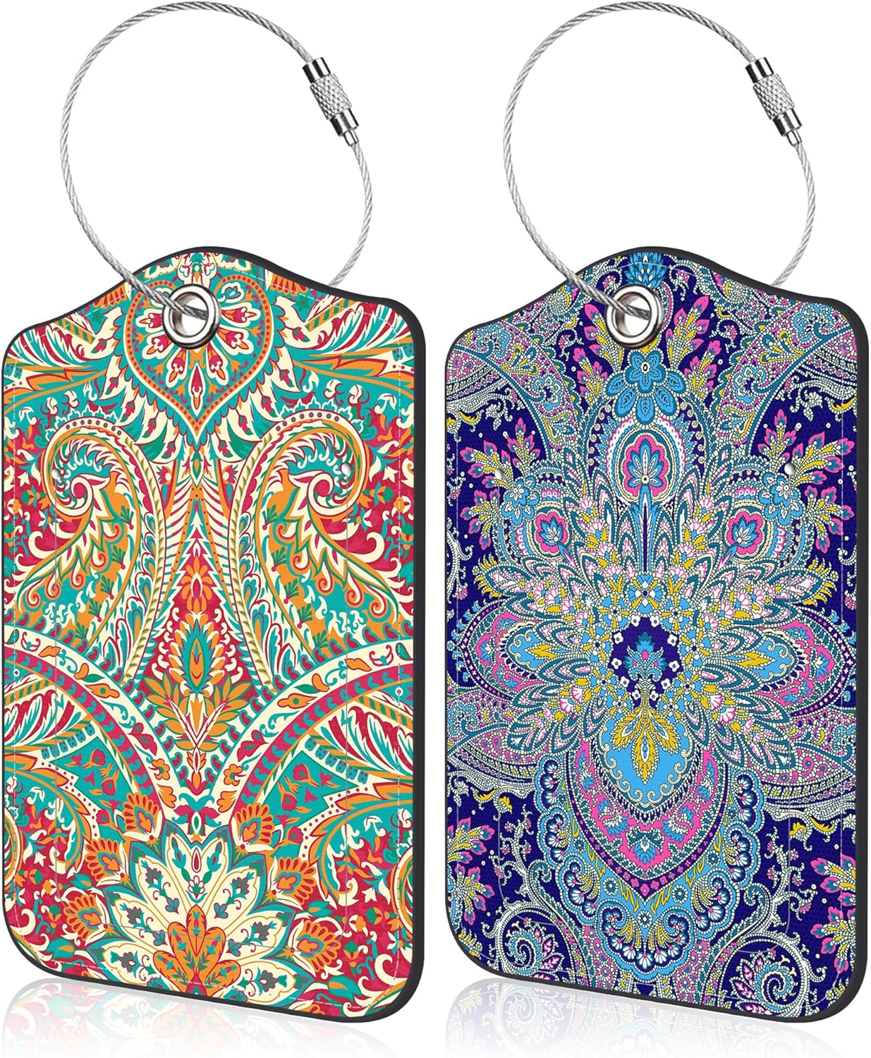 2 Pack Luggage Tags Paisley Pattern and Ethnic Style Floral PU Leather Baggage Tag with Privacy Cover Stainless Steel Loop and Name ID Card for Men Women Travel Bag Luggage Accessories