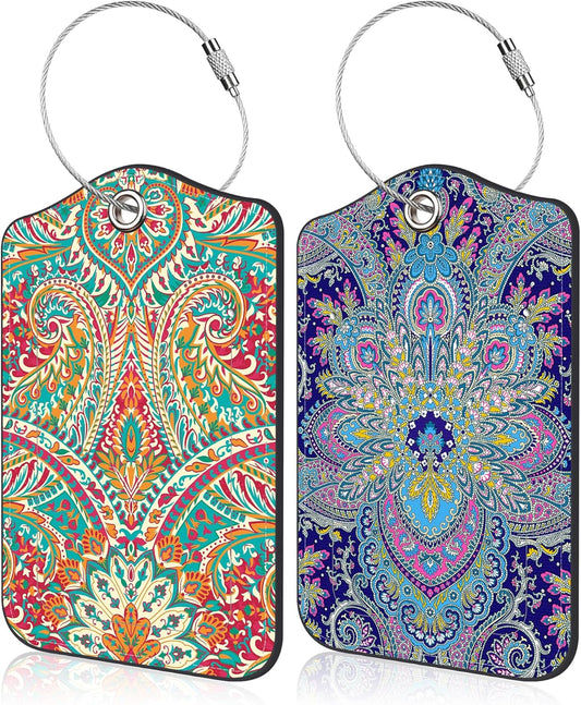 2 Pack Luggage Tags Paisley Pattern and Ethnic Style Floral PU Leather Baggage Tag with Privacy Cover Stainless Steel Loop and Name ID Card for Men Women Travel Bag Luggage Accessories