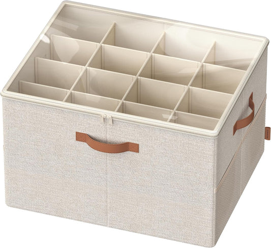 SONGMICS Shoe Organizer for Closet, Shoe Storage Bin, Fits 16 Pairs, Fabric Container with Handles and Clear Cover, Adjustable Dividers, Customizable, Cappuccino Beige ULSP555K01