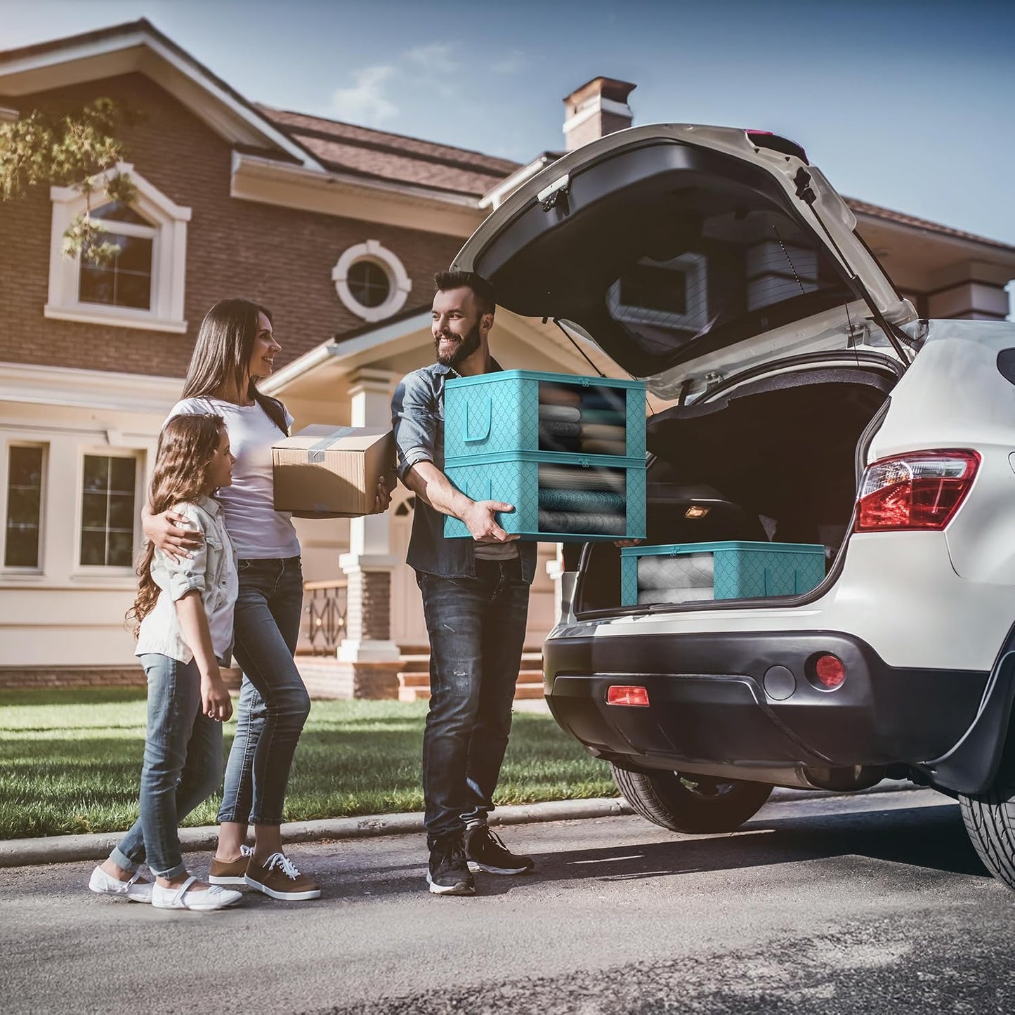 Sorbus Foldable Storage Bag Organizers, Large Clear Window & Carry Handles, Great for Clothes, Blankets, Closets, Bedrooms, and more (3-Pack, Aqua)