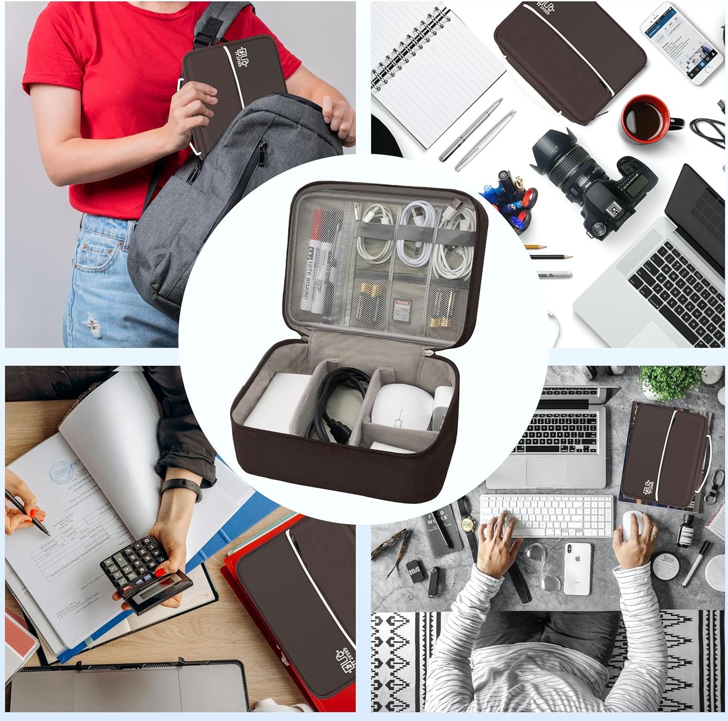 Electronics Organizer,Travel Cord Organizer Pouch, Portable Cable Organizer Bags, Waterproof Electronic Accessories Storage Case for Cables, Cords, Charger, Phone (Double Layer-Brown)