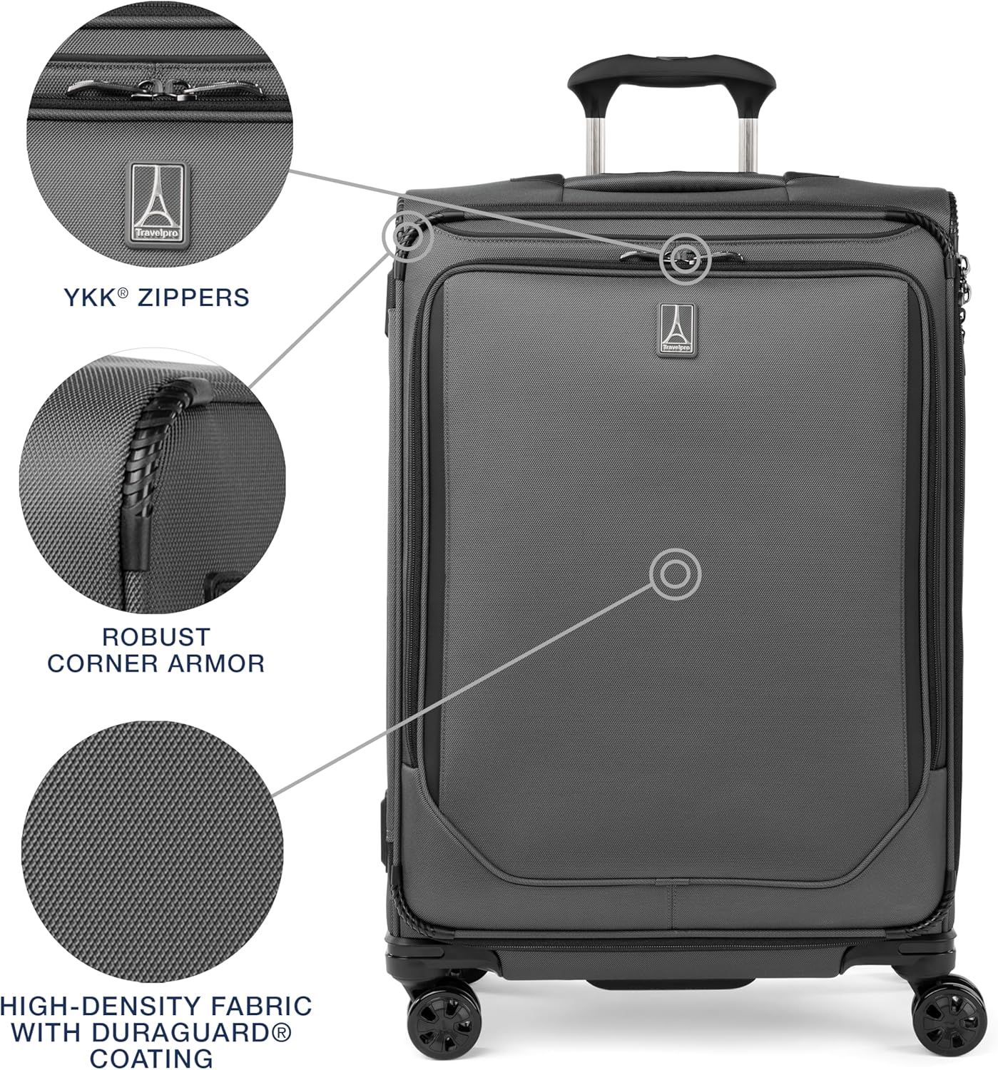 Travelpro Crew Classic Lightweight Softside Expandable Checked Luggage, 8 Wheel Spinner Suitcase, TSA Lock, Men and Women, Checked Medium 25-Inch, Titanium Grey