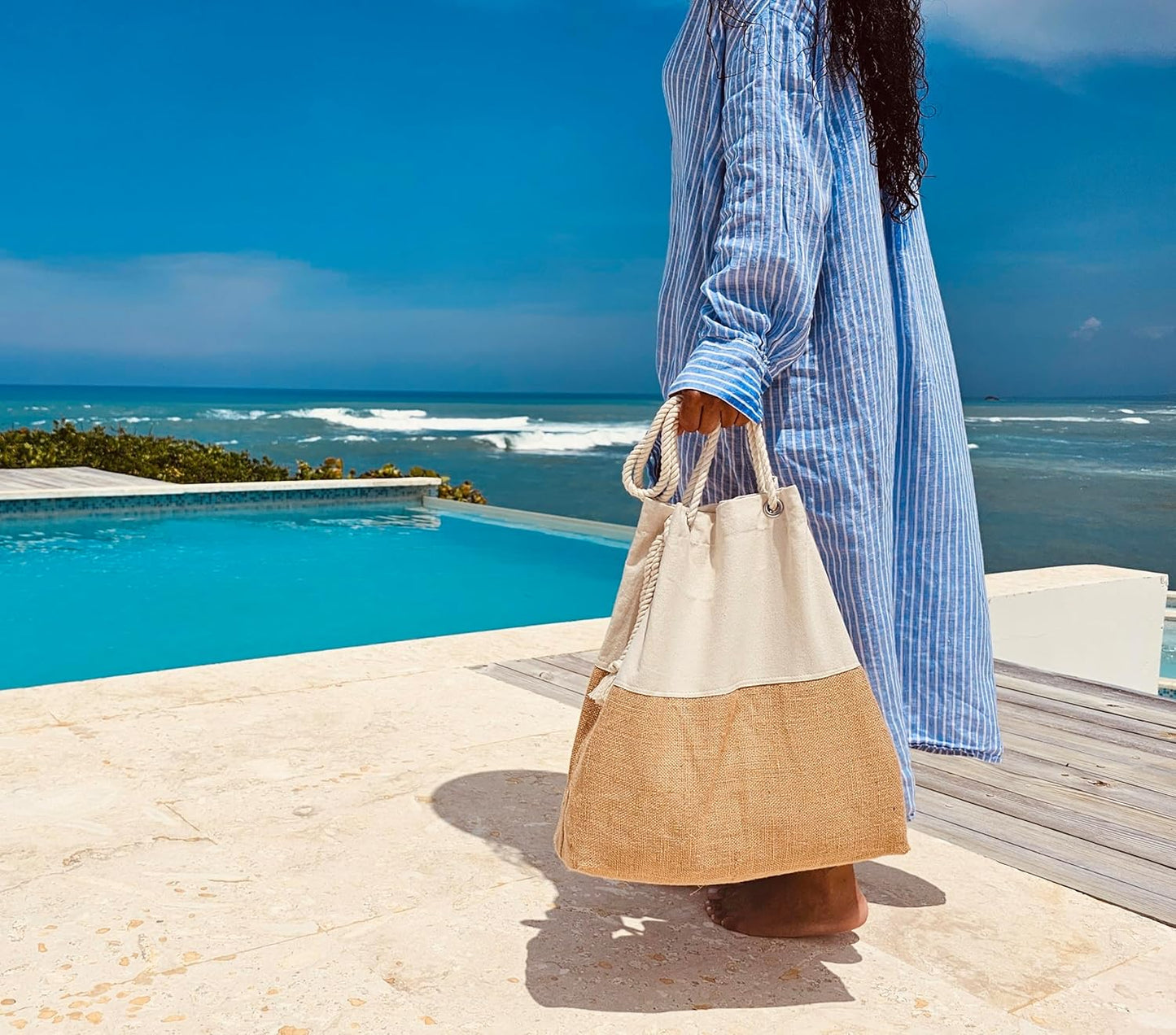 Large Beach Tote Bag with Hat Holder Straps, Womens large beach bag- Vation beach Tote