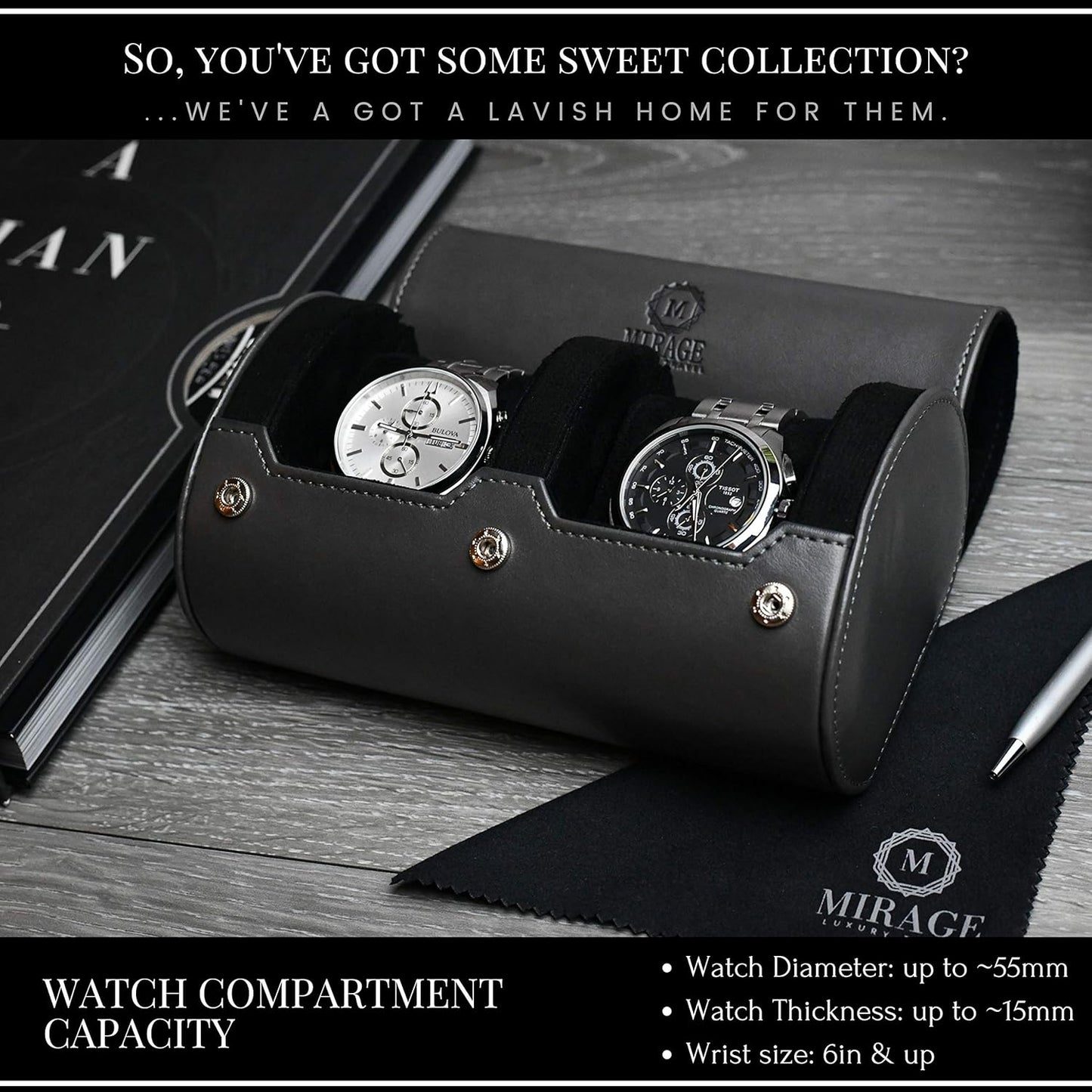 2 Watch Roll Travel Case for Men - Watch Holder and Storage for Travel - Slate Gray Swiss Motif Vegan Leather