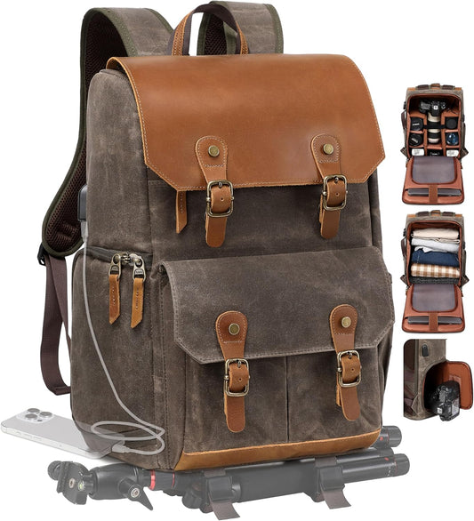 Padwa Lifestyle Coffee Camera Backpack - Waxed Memory Weather Resistant Canvas Camera Backpacks for Photographers,Multi DSLR SLR Camera Bag with 16” Laptop & Lens Compartment and Tripod Holder