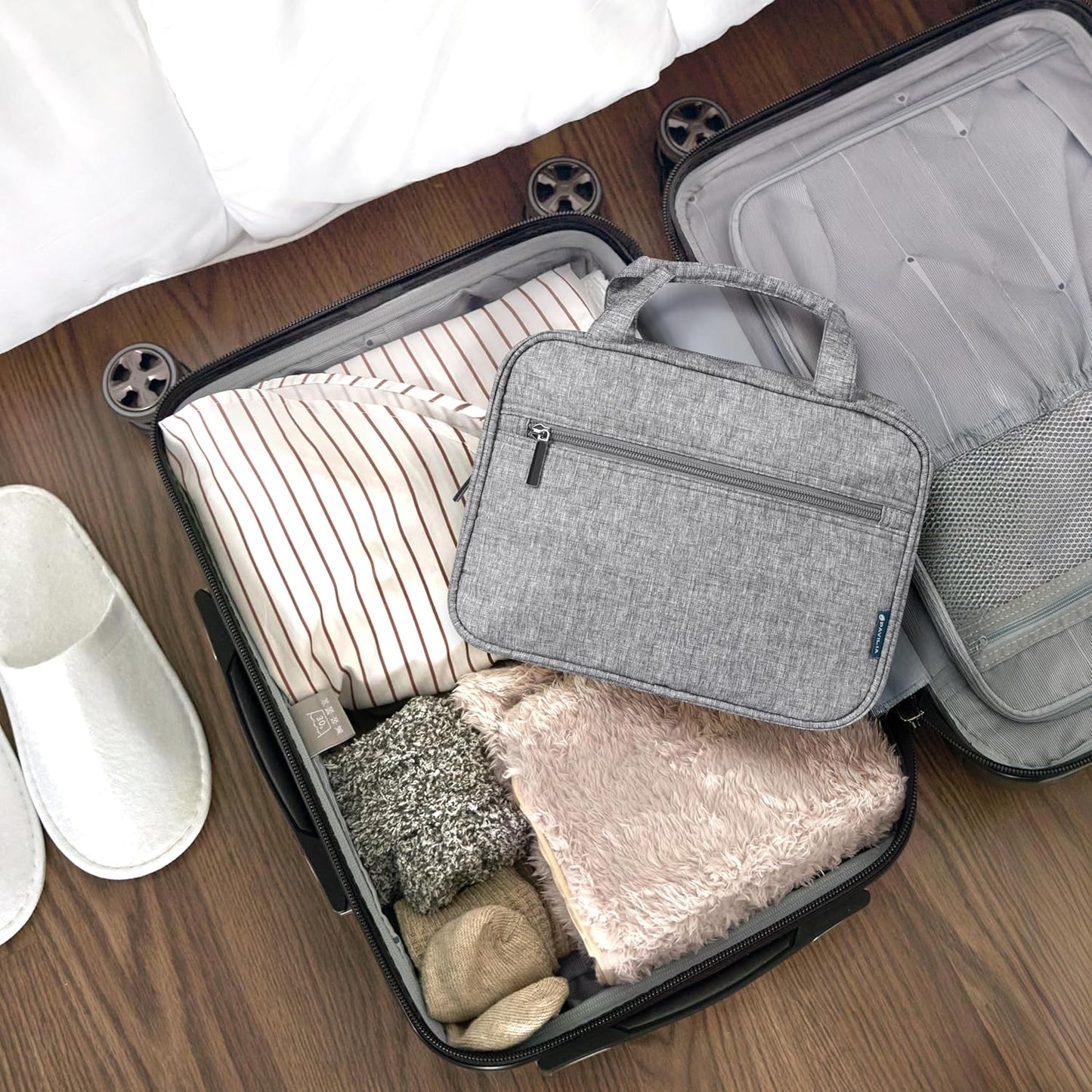 PAVILIA Hanging Toiletry Bag Travel Bag Women Men, Foldable Cosmetic Organizer, Roll up Makeup Bag, Water Resistant Accessories Toiletries, Large Travel Essentials Kit (Heather Grey)
