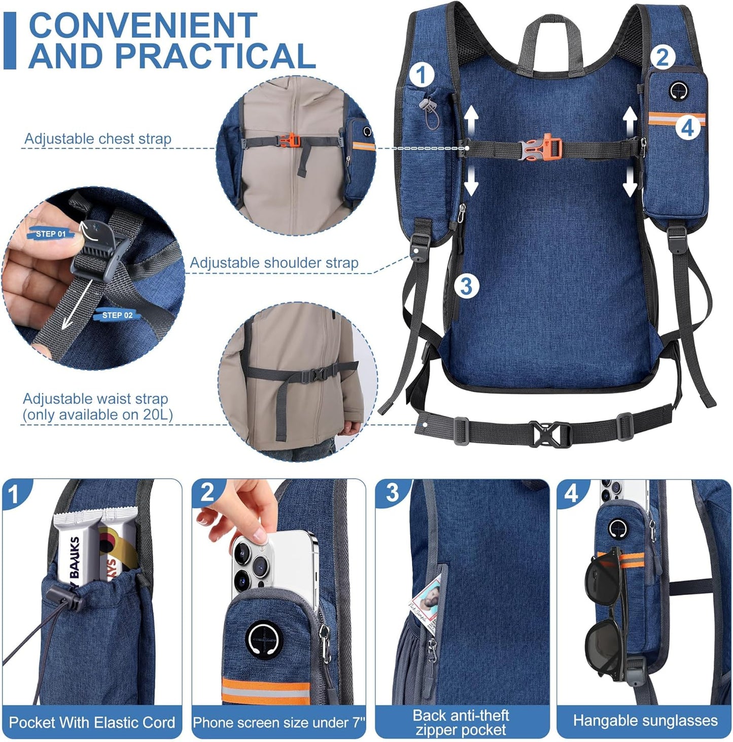 20L Small Hiking Backpack for Men Women Foldable Packable Back Pack Ultralight Hiking Daypack for Travel Camping Outdoor, Navy Blue