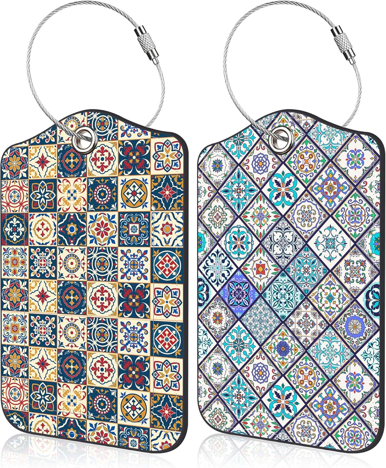 2 Pack Luggage Tags Colorful Moroccan Portuguese Tiles PU Leather Baggage Tag with Privacy Cover Stainless Steel Loop and Name ID Card for Men Women Travel Bag Luggage Accessories