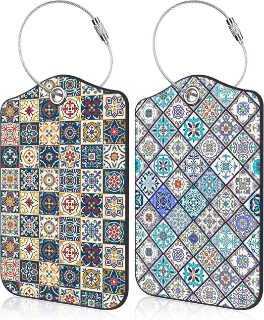 2 Pack Luggage Tags Colorful Moroccan Portuguese Tiles PU Leather Baggage Tag with Privacy Cover Stainless Steel Loop and Name ID Card for Men Women Travel Bag Luggage Accessories
