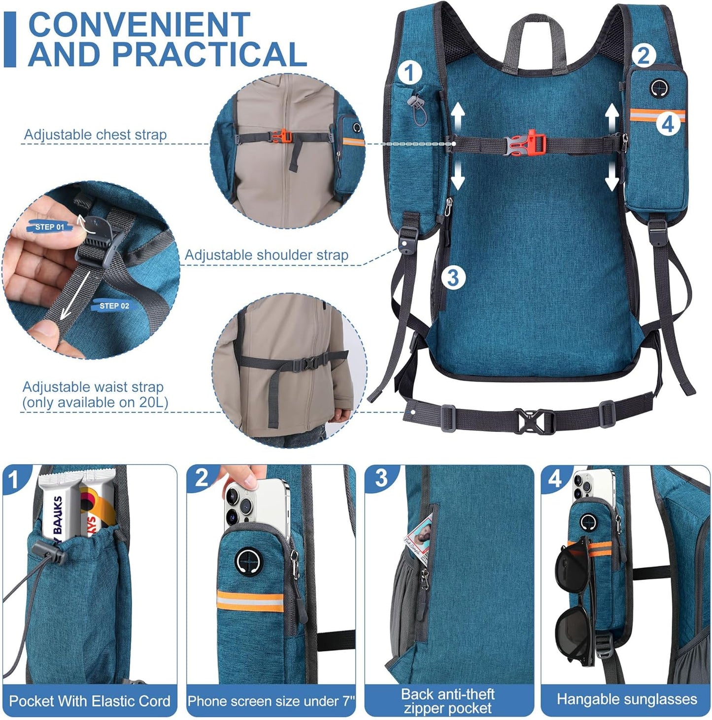 20L Small Hiking Backpack for Men Women Foldable Packable Back Pack Ultralight Hiking Daypack for Travel Camping Outdoor, Turquoise