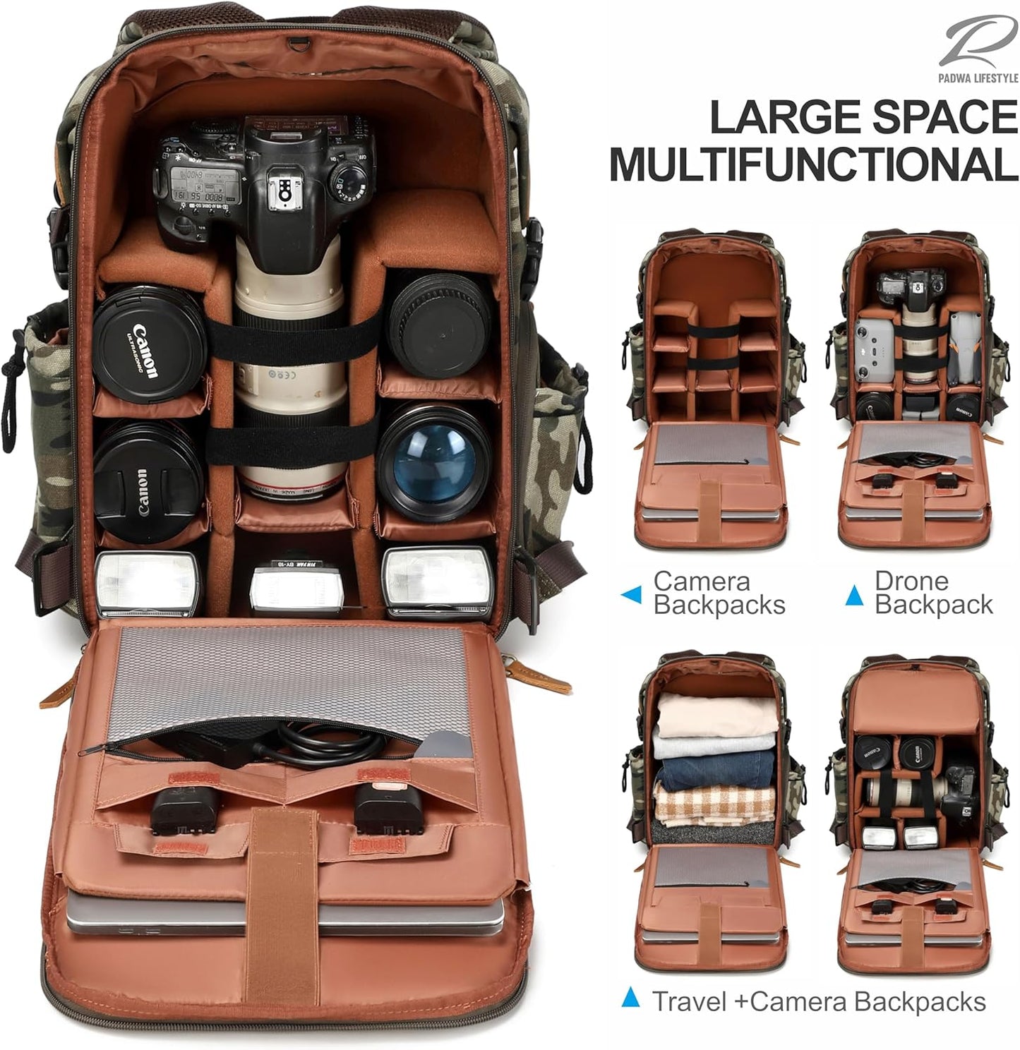 Padwa Lifestyle Camouflage Camera Backpack - Professional DSLR & UAV Camera Bag,Anti Theft Canvas Camera Backpack with Rain Cover,Large Capacity Photography Travel Camera Bag with Multi Compartments
