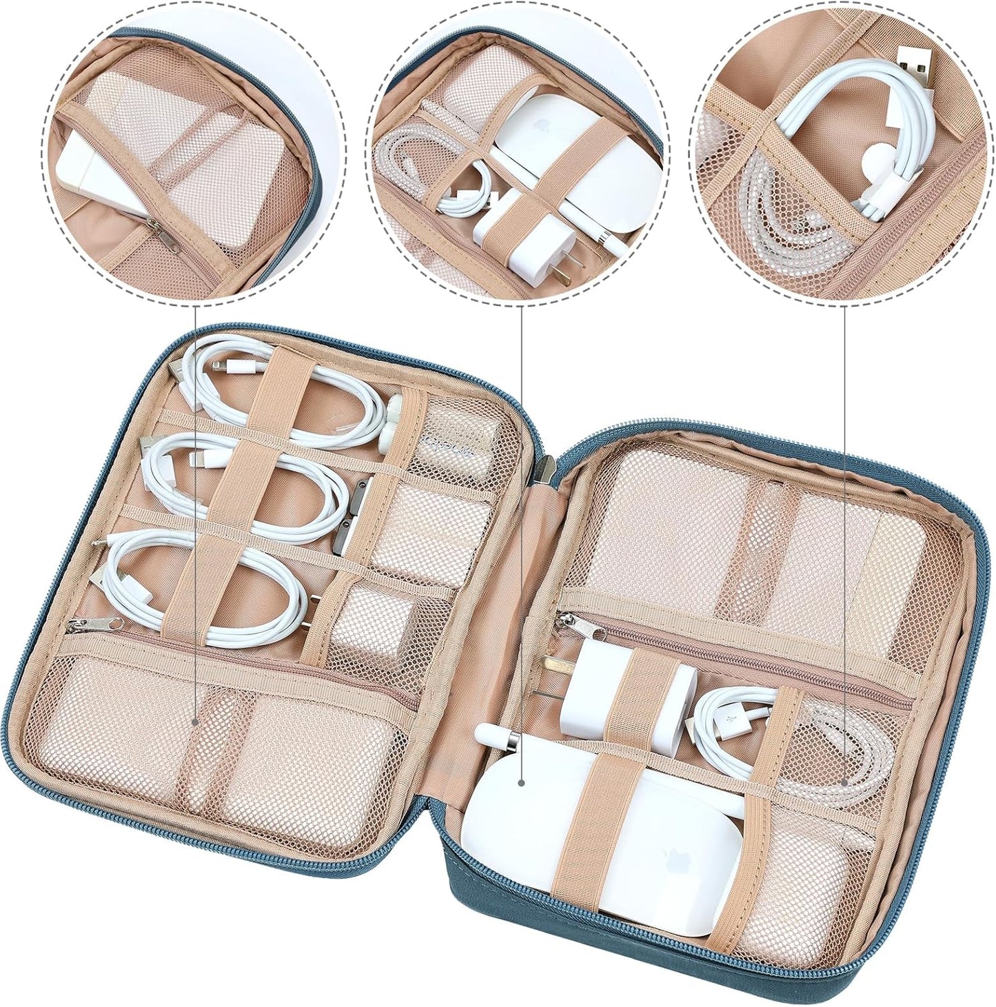 NISHEL Travel Cord Organizer Case, Tech Electronic Bag, Essentials for Charger, Cable, Phone, Hard Drive, USB, SD Card, Lake-Blue