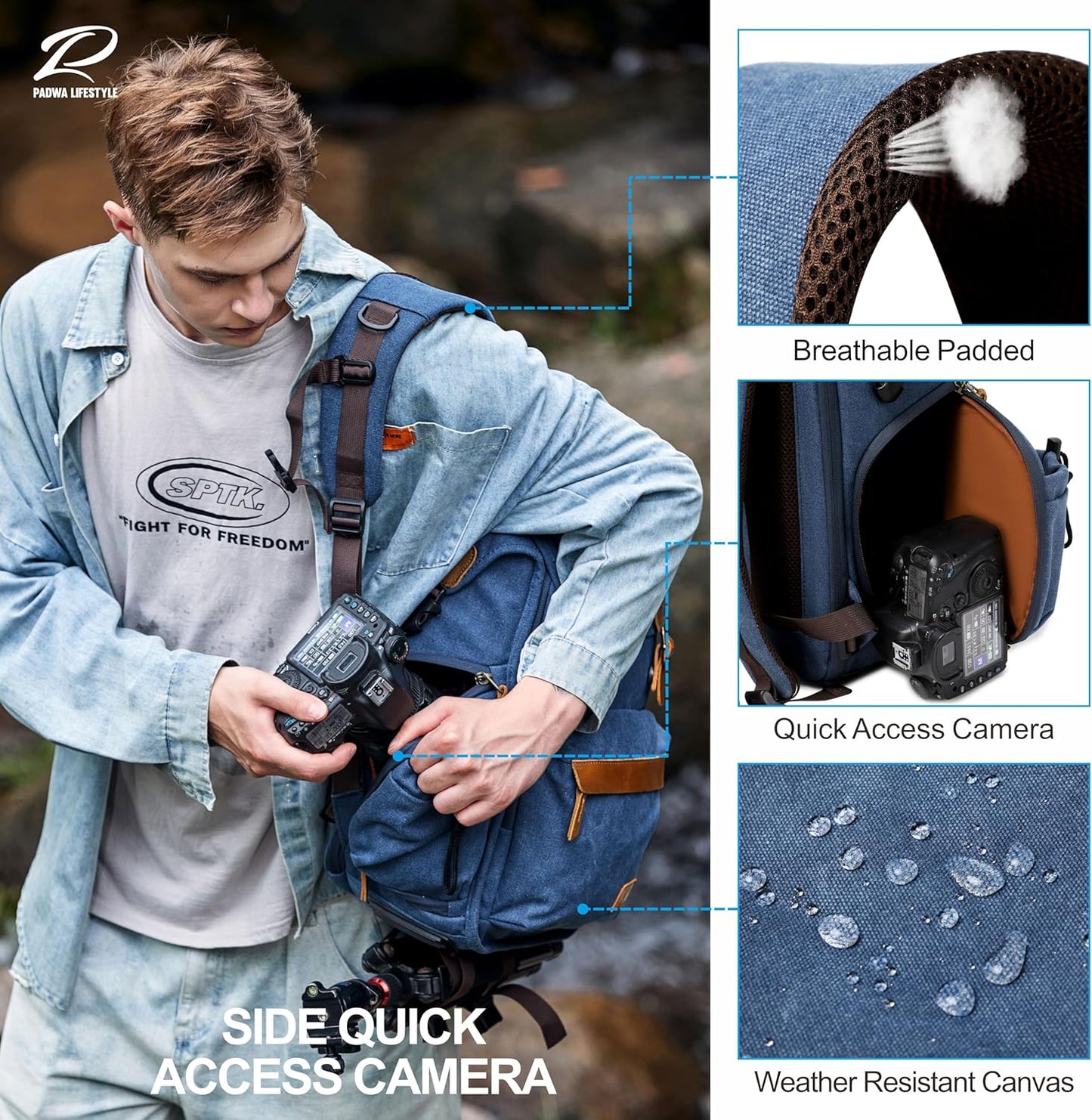 Padwa Lifestyle Blue Camera Backpack - Professional DSLR & UAV Camera Bag,Anti Theft Canvas Camera Backpack with Rain Cover,Large Capacity Photography Travel Camera Bag with Multi Compartments