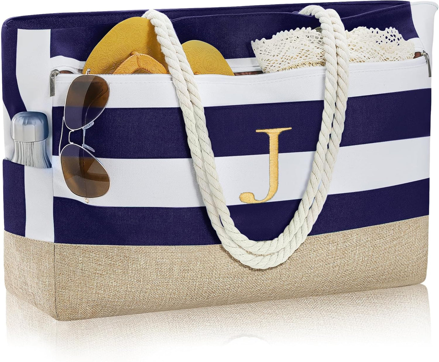 YOOLIFE Large Initial Beach Bag Waterproof Tote Zipper Bag Personalized Gifts for Women Her Birthday Travel Beach Essential