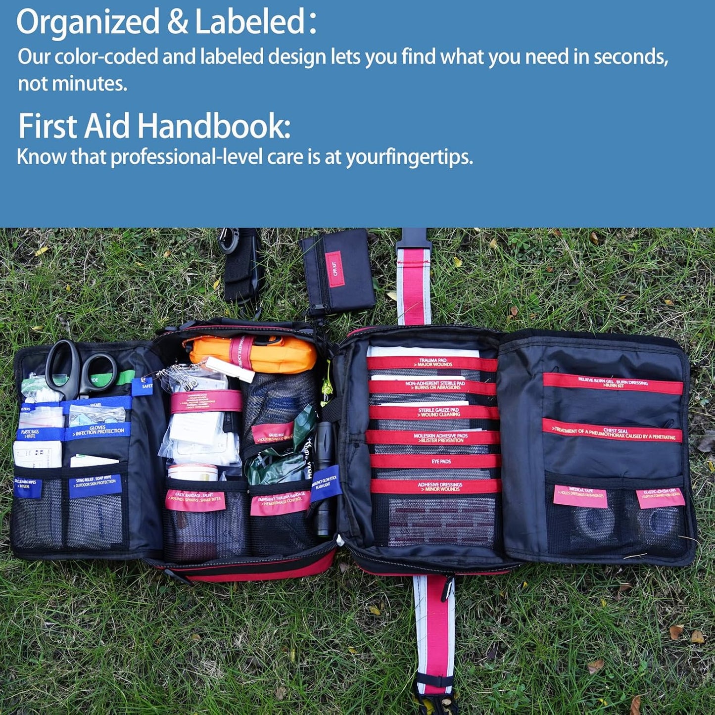 Upgrade Comprehensive Premium First Aid Kit, Labeled Compartments Trauma Kits with Shoulder Strap, Large Emergencies Medical Kits for Home, Truck, Camping, Sports, Outdoor Emergencies -401 Piece Set