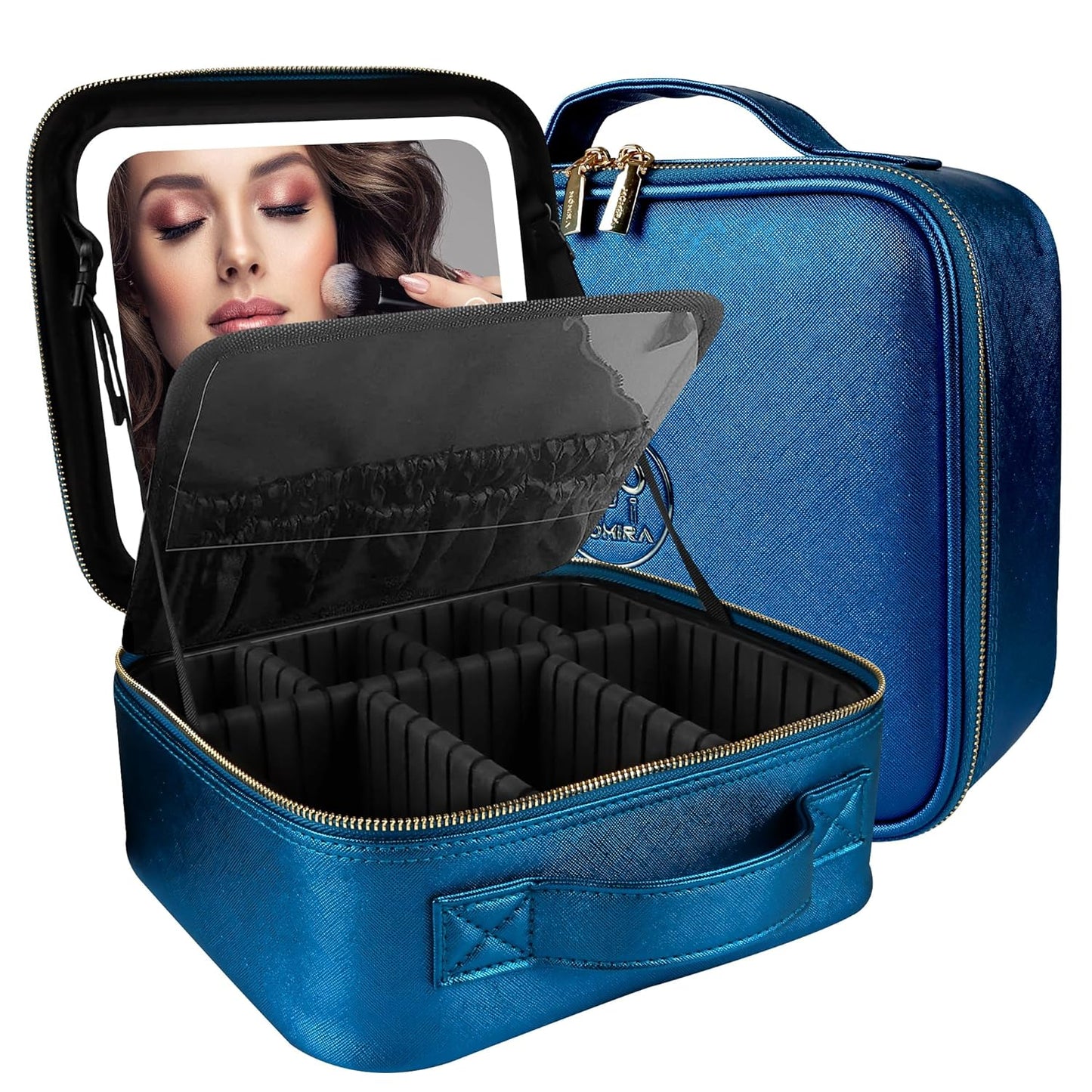 MOMIRA Travel Makeup Bag Cosmetic Bag Makeup Organizer Bag with Lighted Mirror, Adjustable Brightness in 3 Color Scenarios, Waterproof Makeup Train Case, Gift for Women - Phantom Blue