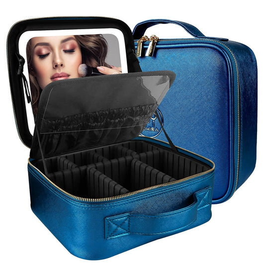 MOMIRA Travel Makeup Bag Cosmetic Bag Makeup Organizer Bag with Lighted Mirror, Adjustable Brightness in 3 Color Scenarios, Waterproof Makeup Train Case, Gift for Women - Phantom Blue