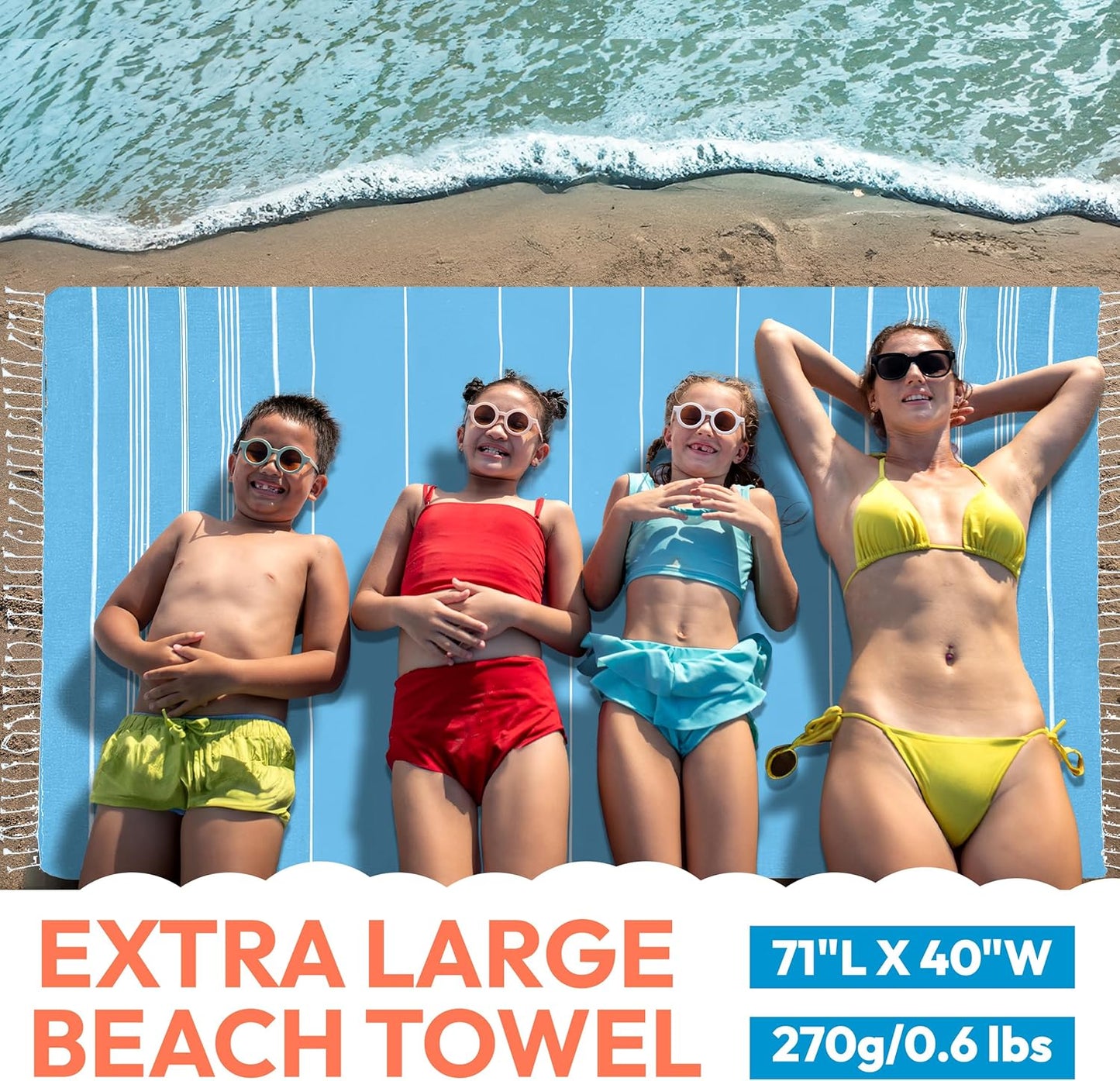 Turkish Beach Towel - 40x71 inch Oversized Sand Resistant Prewashed Turkish Towel - 100% Turkish Cotton Quick Drying, Compact, Lightweight Turkish Towel for Beach, Bath, Pool, Gym, Yoga