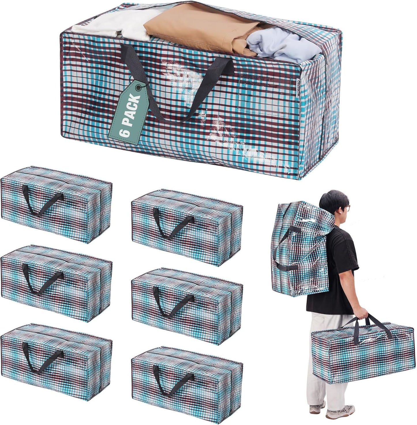 WORKPRO 6 Pack Extra Large Moving Bags with Zippers & Carrying Handles Backpack Straps, Heavy-Duty Storage Tote for Space Saving & Storage, Alternative to Moving Box (Lattice Printing)