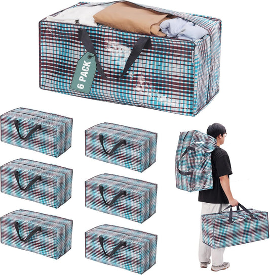 WORKPRO 6 Pack Extra Large Moving Bags with Zippers & Carrying Handles Backpack Straps, Heavy-Duty Storage Tote for Space Saving & Storage, Alternative to Moving Box (Lattice Printing)