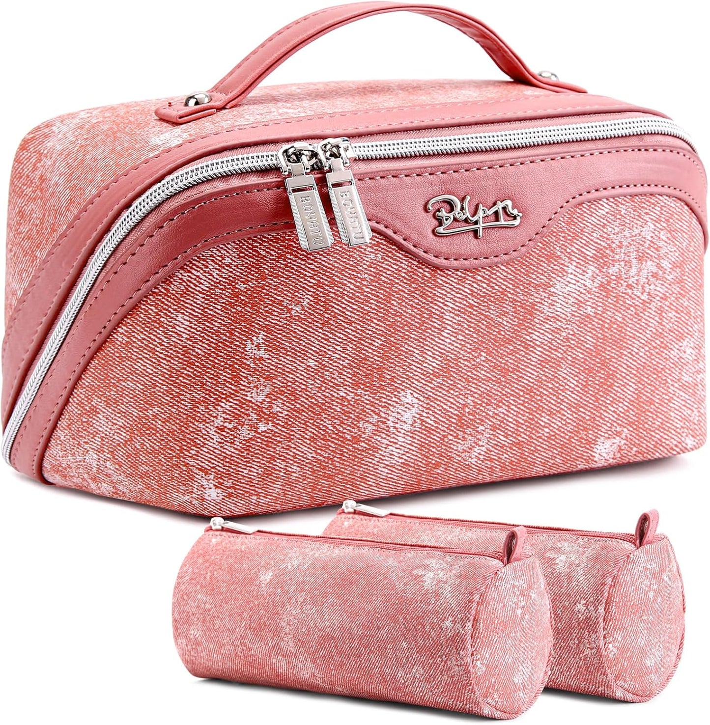 Travel Makeup Bag Cosmetic Bags for Women: 3 Sets Large Capacity Make up Bag - Portable Toiletry Bags with Handle for Women(05-Rosy Red)