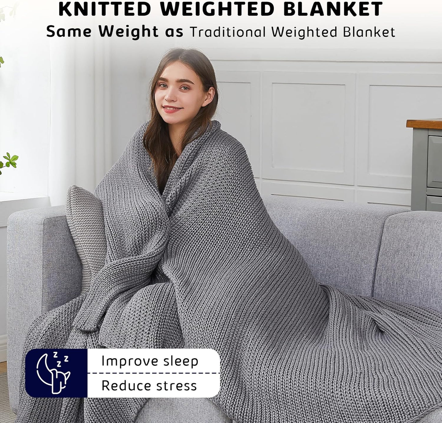 L'AGRATY Knitted Weighted Blanket - 48"x72" 12lbs Cooling Chunky Knit Heavy Blanket for Adults Braided Crochet Throw Thick Cable Yarn Knit Decorative No Beads Evenly Weighted Machine Washable