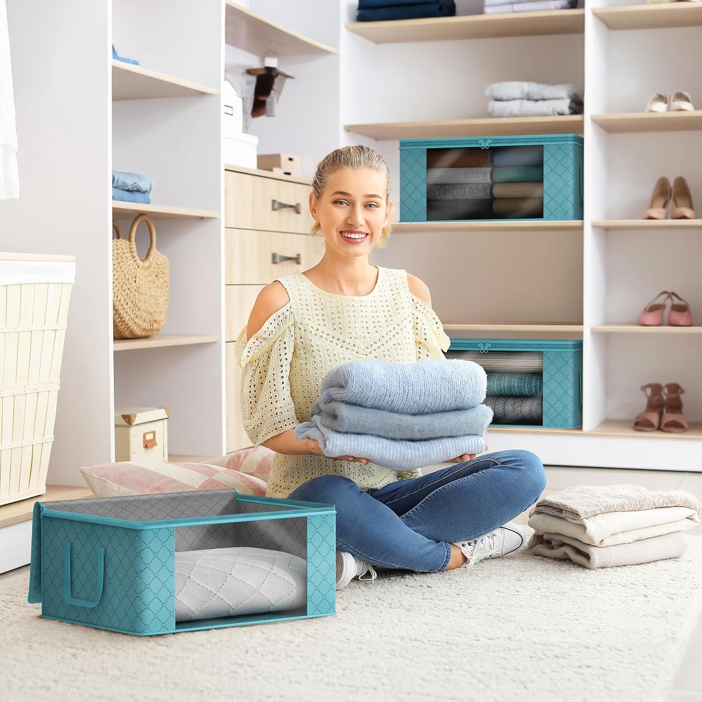 Sorbus Foldable Storage Bag Organizers, Large Clear Window & Carry Handles, Great for Clothes, Blankets, Closets, Bedrooms, and more (3-Pack, Aqua)