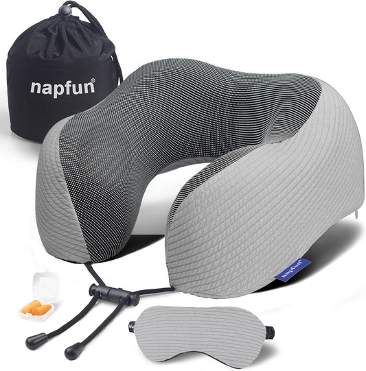 napfun Neck Pillow for Traveling, Upgraded Travel Neck Pillow for Airplane 100% Pure Memory Foam Travel Pillow for Flight Headrest Sleep, Portable Plane Accessories, Striped Light Grey Set