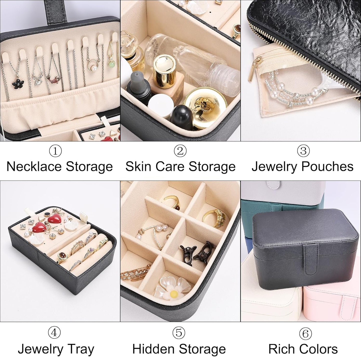 2 Layer Portable Jewelry Box, Large Jewelry Travel Case with 4 Jewelry Pouches, Medium Size Jewelry Organizer Box for Earrings, Necklaces, Bracelets (black)