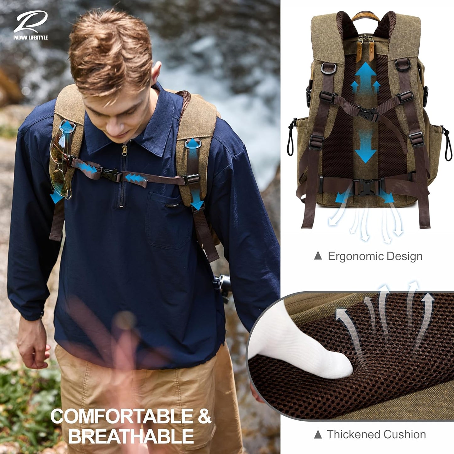 Padwa Lifestyle Khaki Camera Backpack - Professional DSLR & UAV Camera Bag,Anti Theft Canvas Camera Backpack with Rain Cover,Large Capacity Photography Travel Camera Bag with Multi Compartments