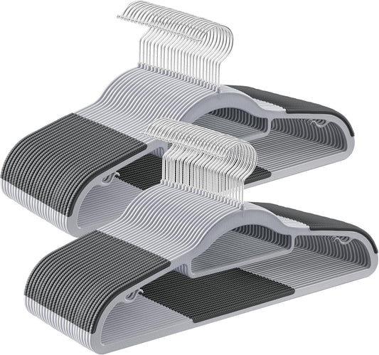 SONGMICS Pack of 50 Coat Hangers, Space-Saving Plastic Clothes Hangers, Non-Slip, 0.2 Inches Slim, 16.5 Inches Wide, 360° Swivel Silver Hook, Light Gray and Dark Gray UCRP20G50