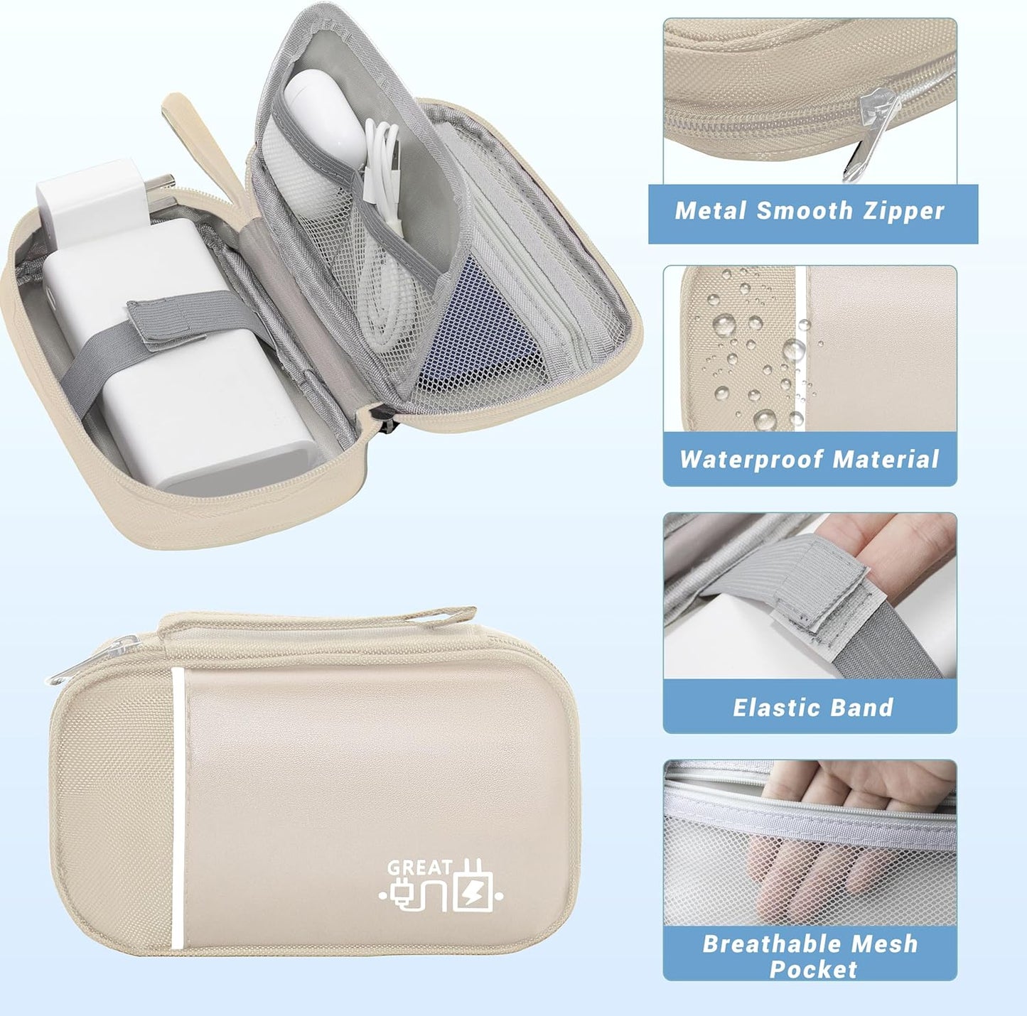 Electronics Organizer,Travel Cord Organizer Pouch, Portable Cable Organizer Bags, Waterproof Electronic Accessories Storage Case for Cables, Cords, Charger, Phone (Single Layer-Small-Beige)