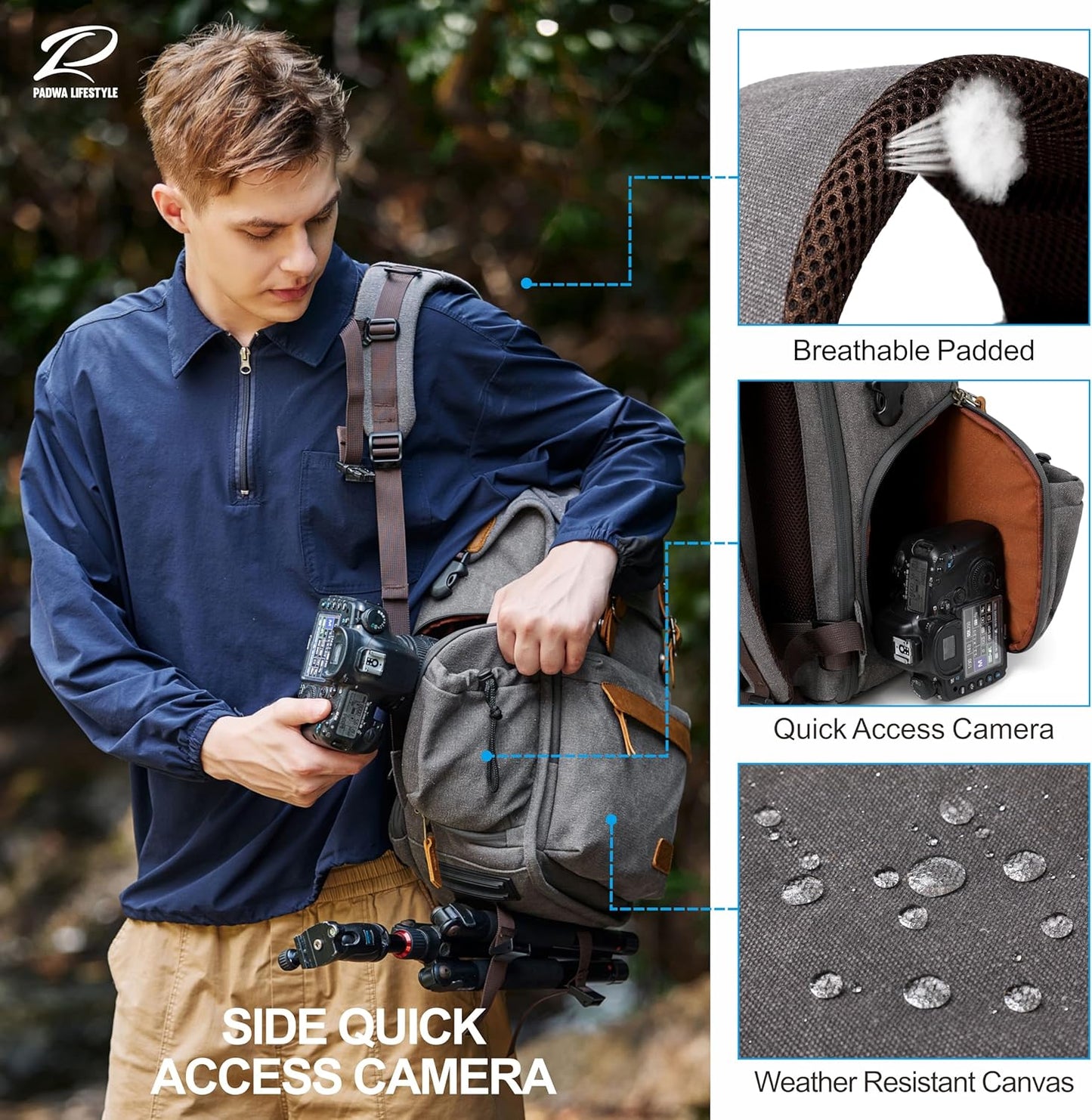Padwa Lifestyle Gray Camera Backpack - Professional DSLR & UAV Camera Bag,Anti Theft Canvas Camera Backpack with Rain Cover,Large Capacity Photography Travel Camera Bag with Multi Compartments
