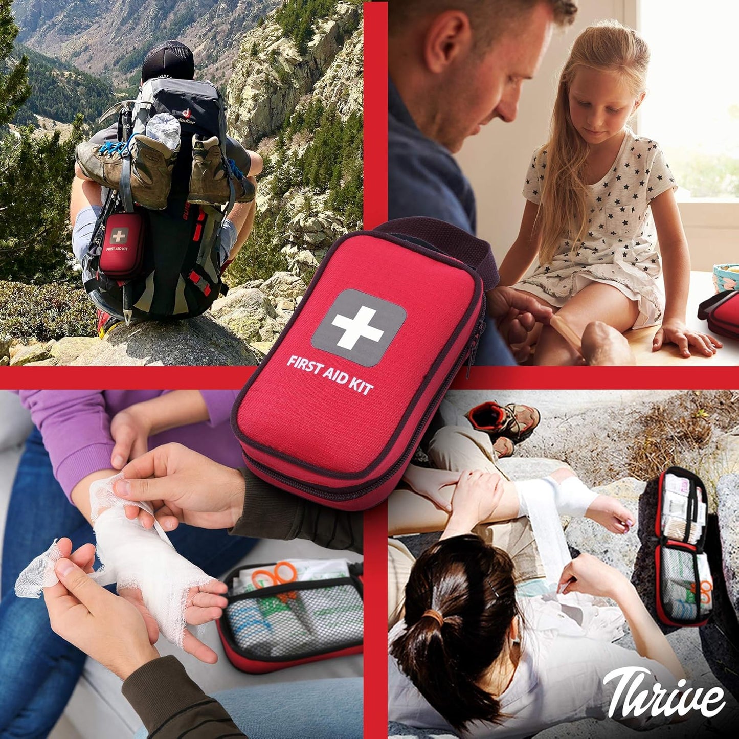 Thrive First Aid Safety Kit - 100-Piece Bag - Waterproof Pouch & Multi-Size Bandages, Wipes & Safety Pins - FSS Approved Products & Flex Spending Approved Items - Health Savings Eligible Products