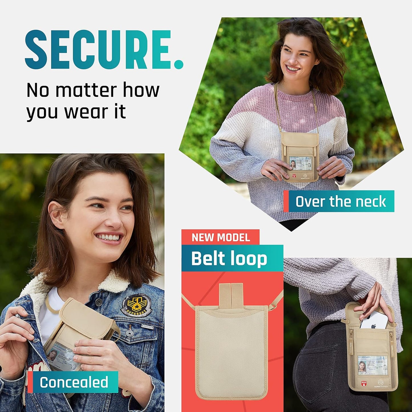 Alpha Keeper Neck Wallet, Travel Pouch For Passport Holder And Documents, RFID Blocking, Beige, Unisex Adult, Travelers, Adults