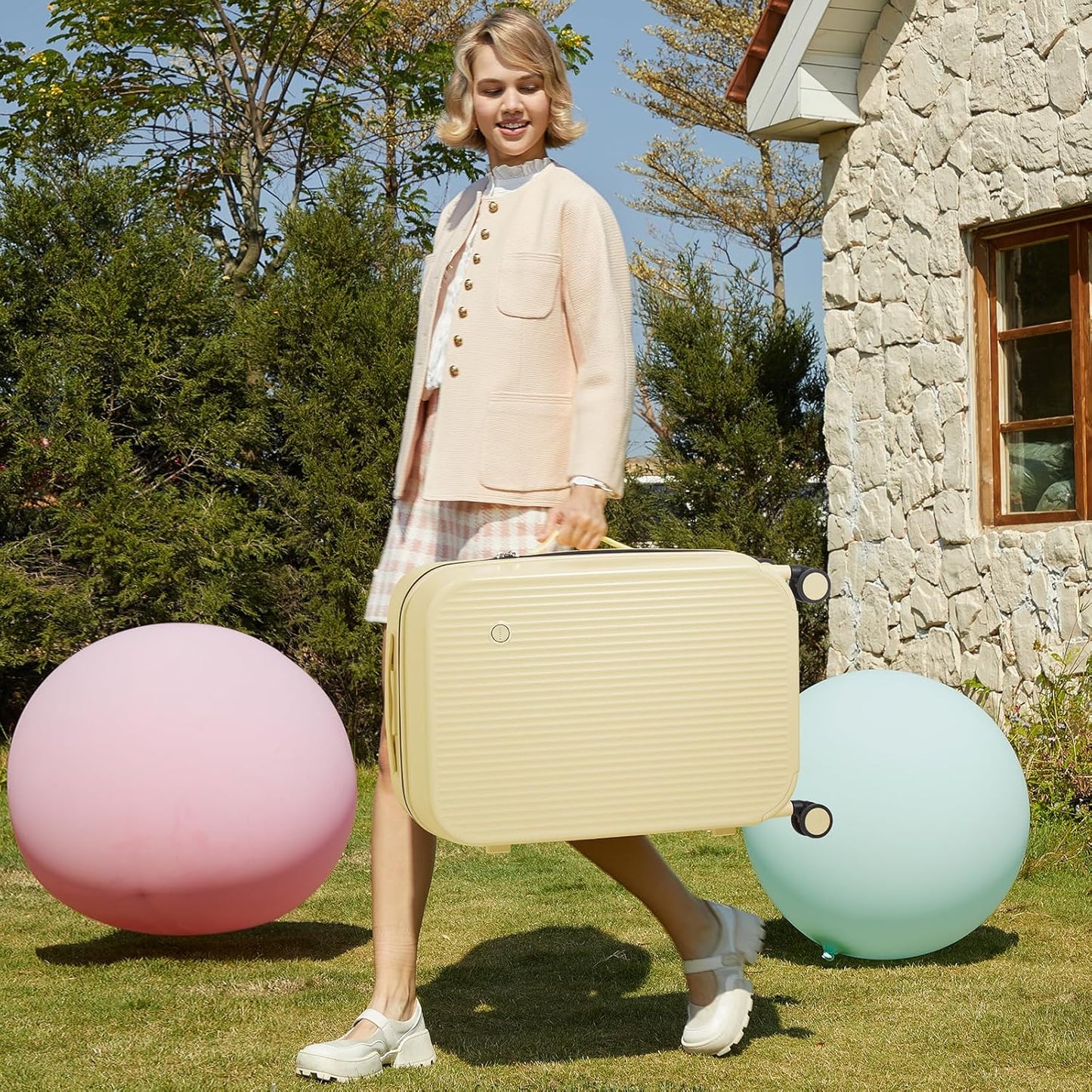 mixi 24 Inch Checked Luggage PC Hardshell Suitcases with Wheels for Travel Woman Men, Lark Yellow