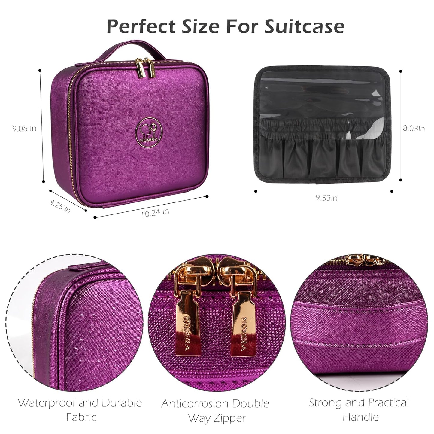 MOMIRA Travel Makeup Bag Cosmetic Bag Makeup Organizer Bag with Lighted Mirror, Adjustable Brightness in 3 Color Scenarios, Waterproof Makeup Train Case, Gift for Women - Brilliant Purple