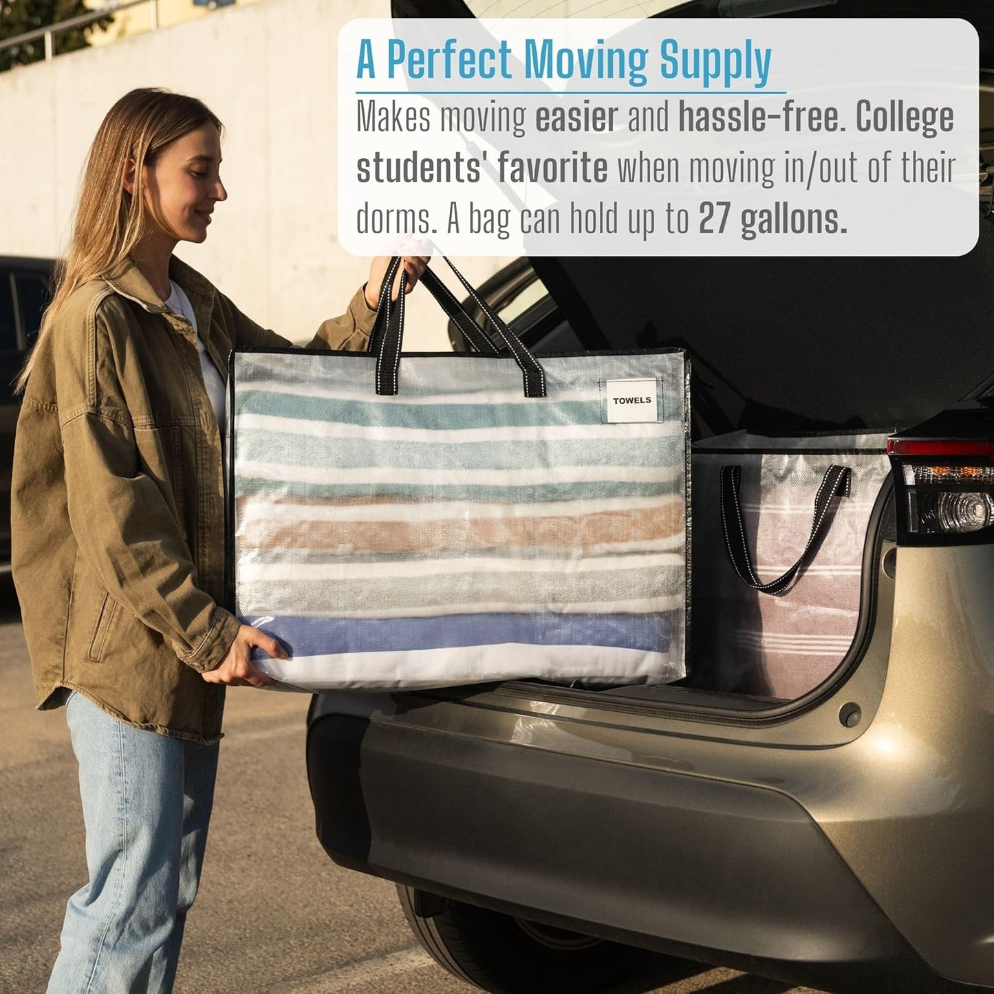 VENO 4 Pack Heavy Duty Moving Bags, Storage Bags, Packing Supplies, Top Zipper, Storage Totes for Camping, Clothes, Bedding, Comforters, Pillows (27 Gallon Clear, 4 Pack)