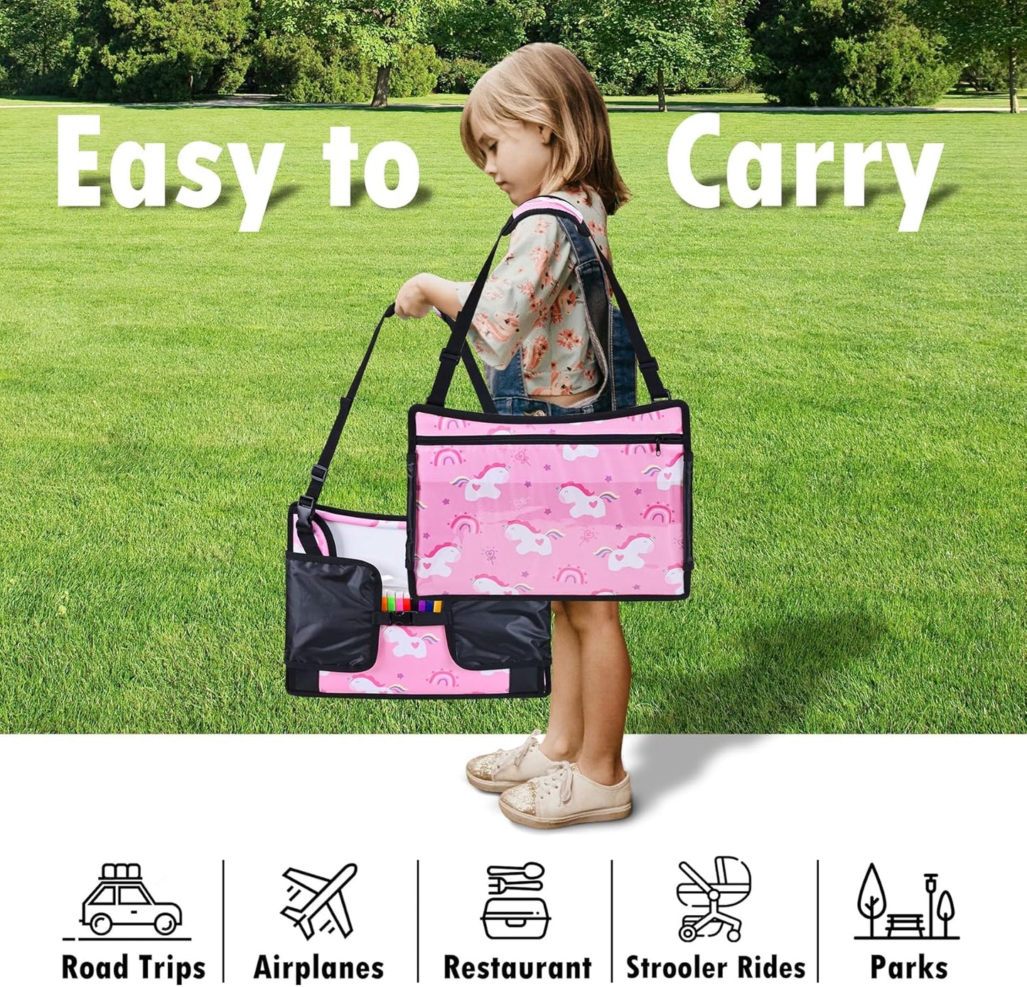 Kids Travel Tray, Car Seat Tray for kids Travel, Toddler Road Trip Essentials With Drawing Kit, Toddler Lap Desk Organizer for Car, Carseat Table for Airplane