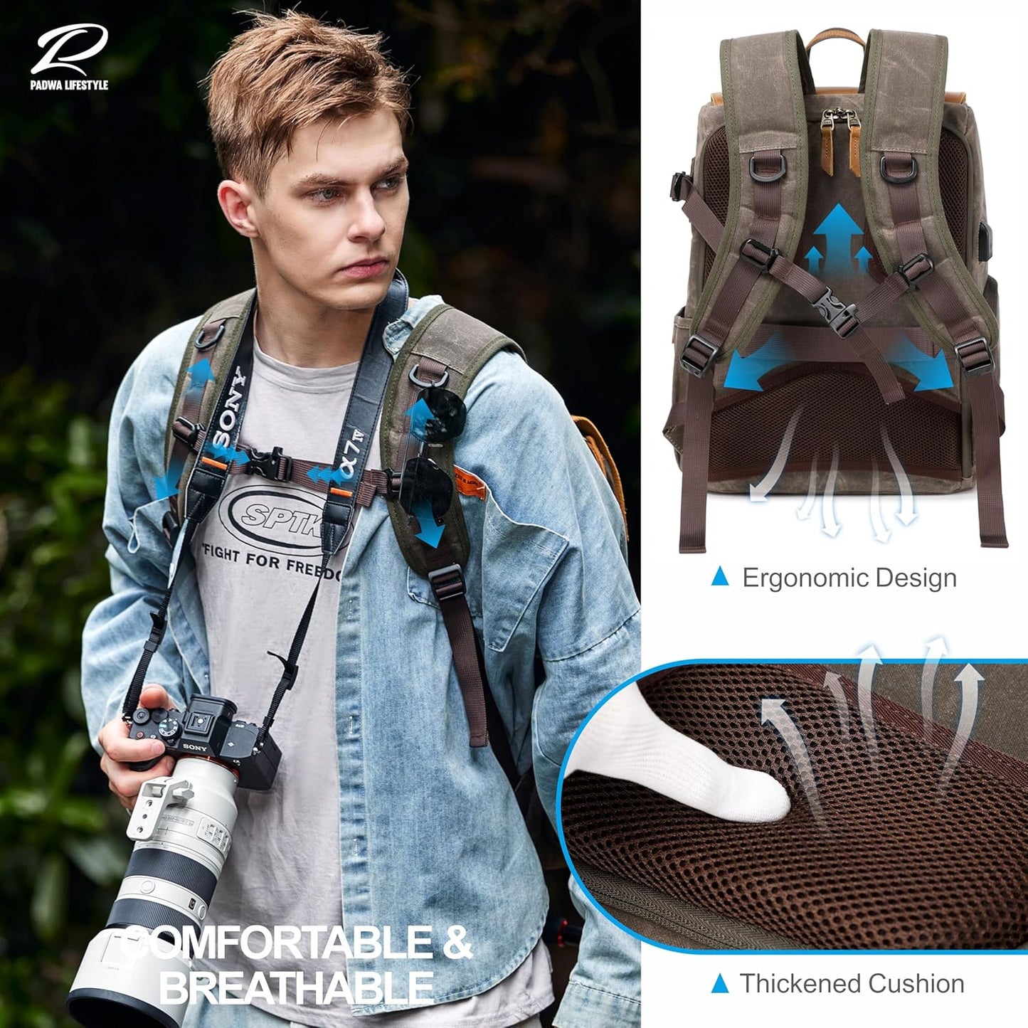 Padwa Lifestyle Coffee Camera Backpack - Waxed Memory Weather Resistant Canvas Camera Backpacks for Photographers,Multi DSLR SLR Camera Bag with 16” Laptop & Lens Compartment and Tripod Holder