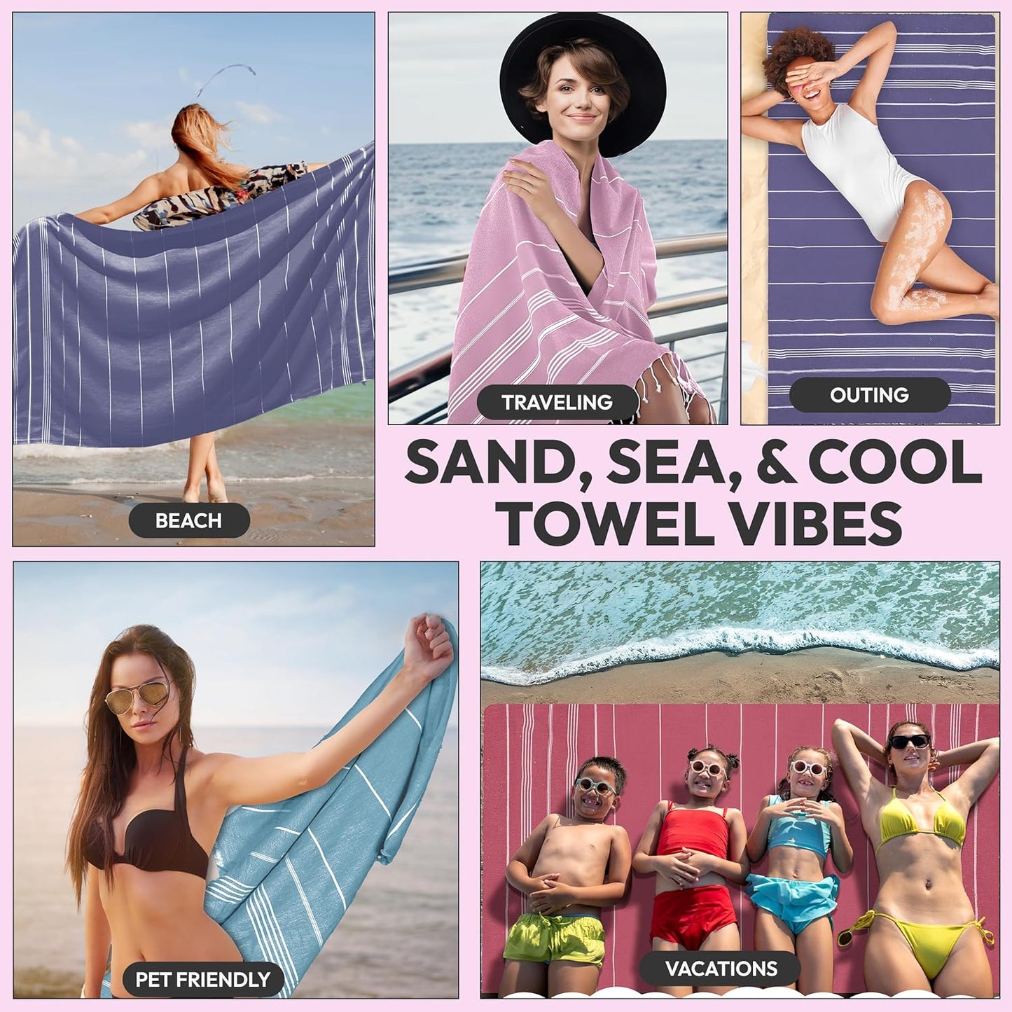 Turkish Beach Towel - 40x71 inch Oversized Sand Resistant Prewashed Turkish Towel - 100% Turkish Cotton Quick Drying, Compact, Lightweight Turkish Towel for Beach, Bath, Pool, Gym, Yoga