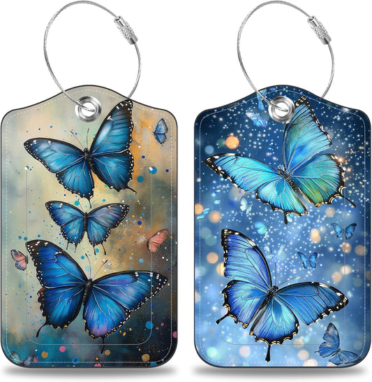 2 Pcs Blue Glowing Butterfly Luggage Tags for Suitcases PU Leather Baggage Tags Name ID Label with Privacy Cover and Stainless Steel Loop for Men Women Travel Bag Suitcase