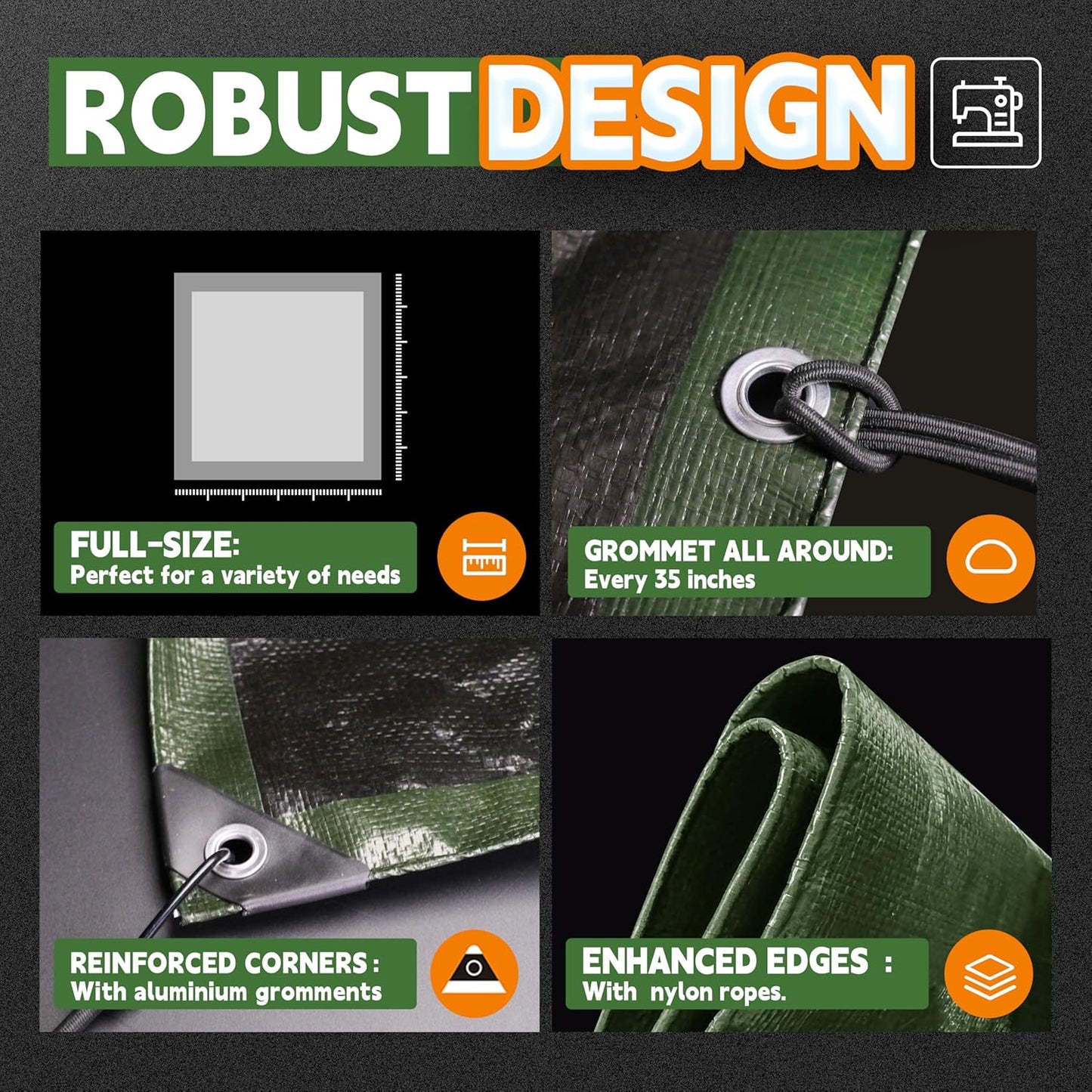 10x12 Feet Tarp Waterproof,9Mil Thick,Finished Size Tarps,UV Resistant,Durable,Multipurpose Poly Tarp Cover with Metal Grommets and Reinforced Edges,Green/Black by RAINDEWAY