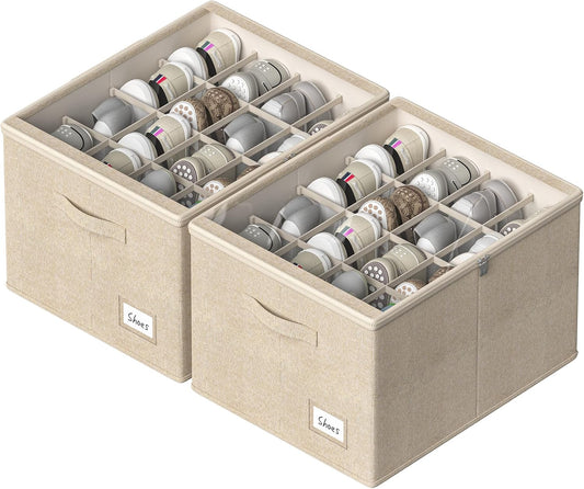 Shoe Organizer for Closet, 2 Pack Sturdy Shoe Storage Bins with Clear Cover, Fits 16-32 Pairs, Foldable Shoe Storage Box with Reinforced Handles (Beige, 19.7 * 15.7 * 12.6in)