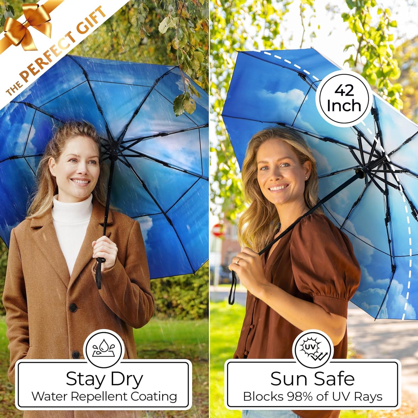 TUMELLA Strongest Windproof Travel Umbrella (Compact, Superior & Beautiful), Small Strong but Light Portable and Automatic Folding Rain Umbrella, Durable Premium Grip, Fits Car & Backpack