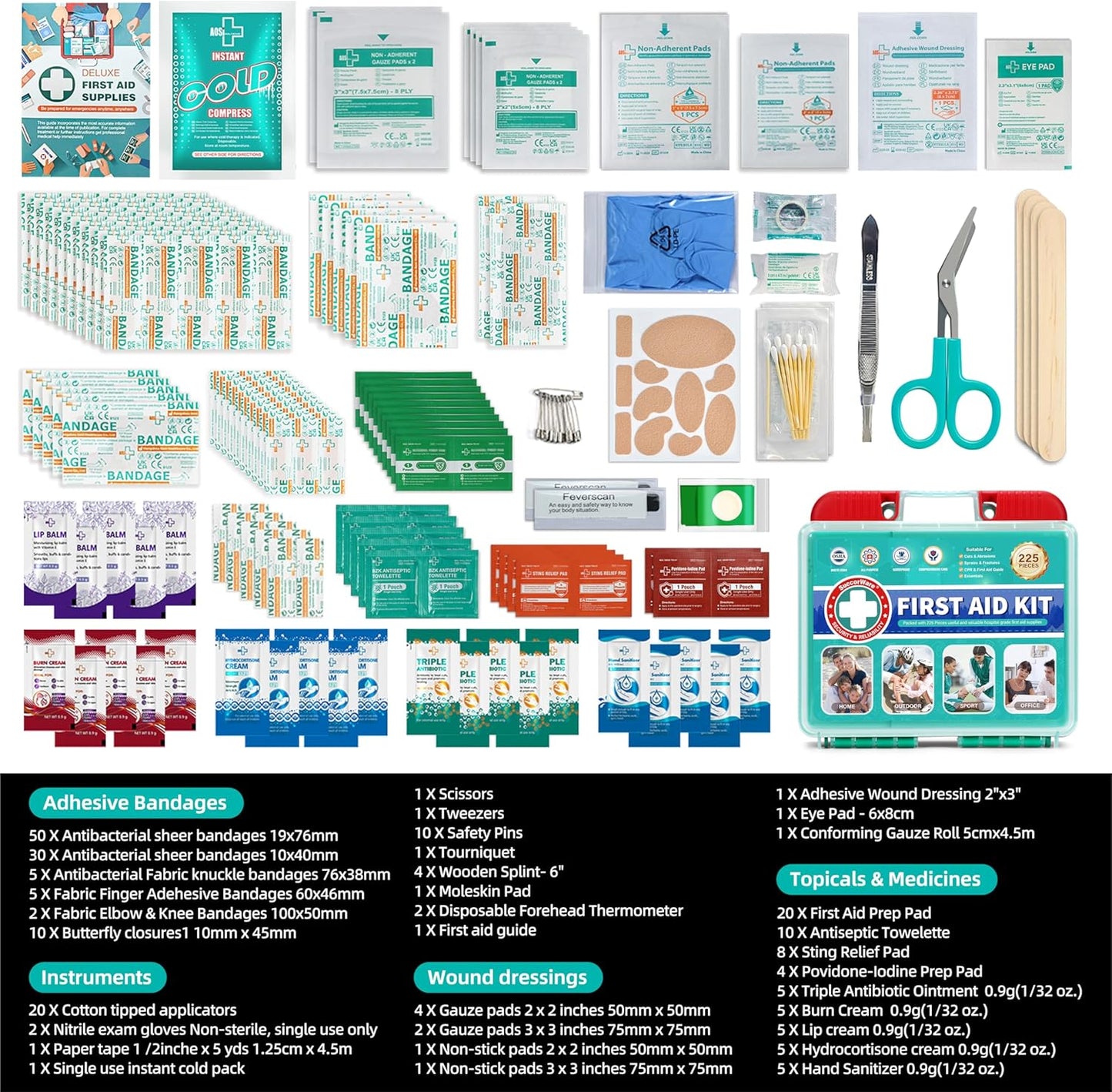 225 Pieces Portable First Aid Kit for Minor Wound Care, Includes Adhesive Bandages, Wound Gauze Pads, Ideal for Home, Car & On-The-Go